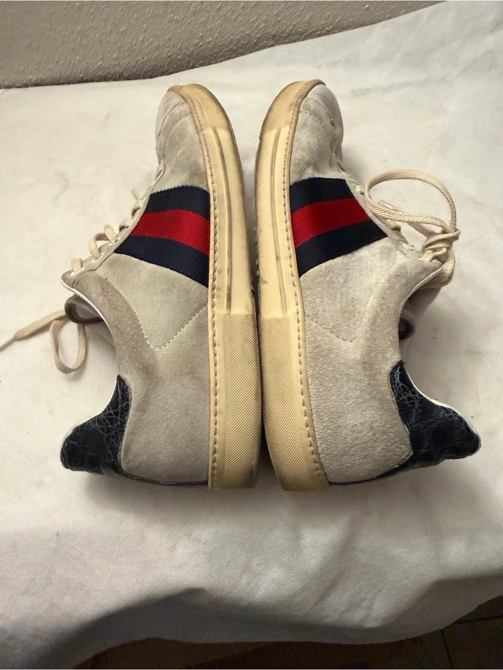 Gucci Beige Suede Sneakers with Red & Navy Web Stripe,pre-owned,SZ 8